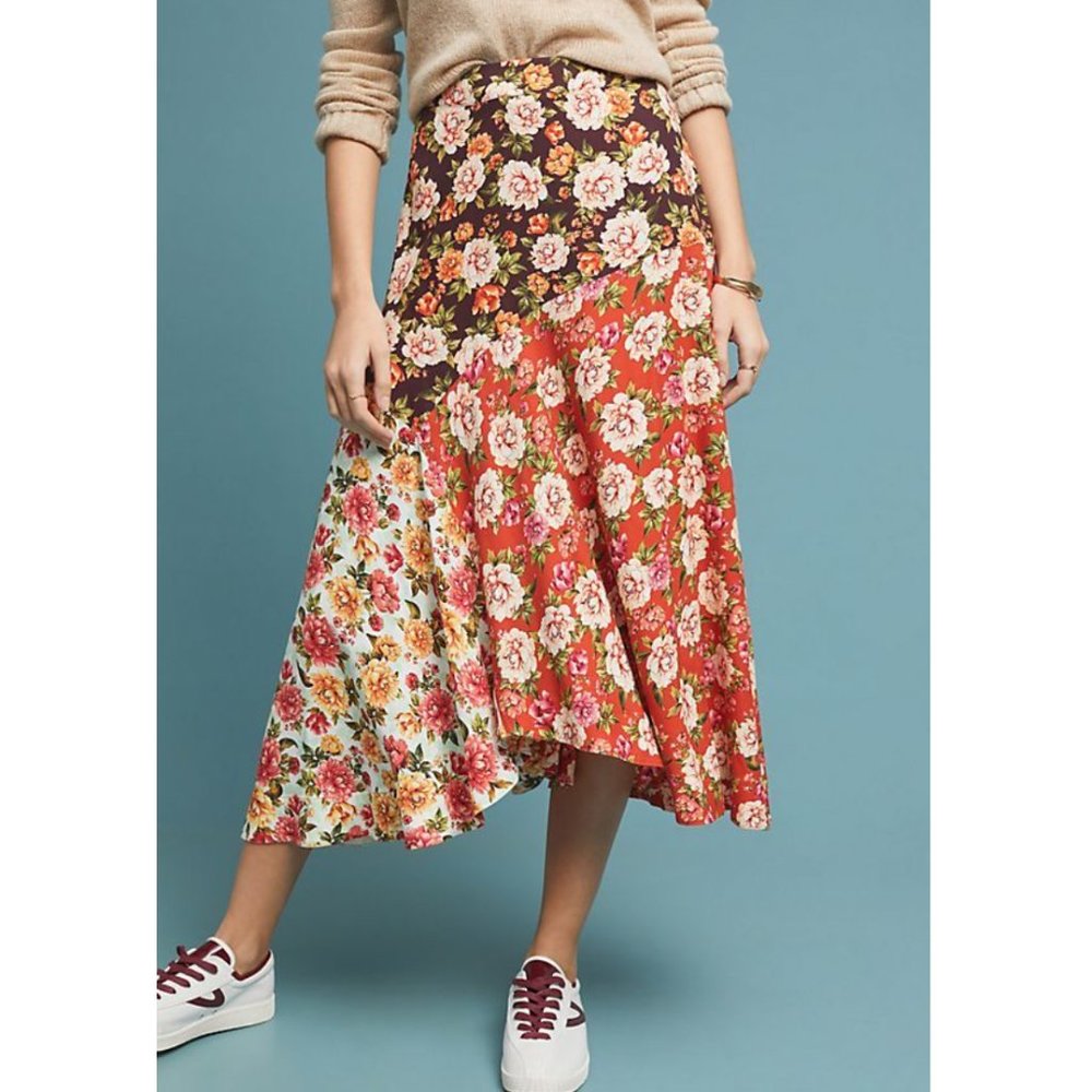 Anthropologie Multi-Panel Floral Midi Skirt in Red, Brown, Cream